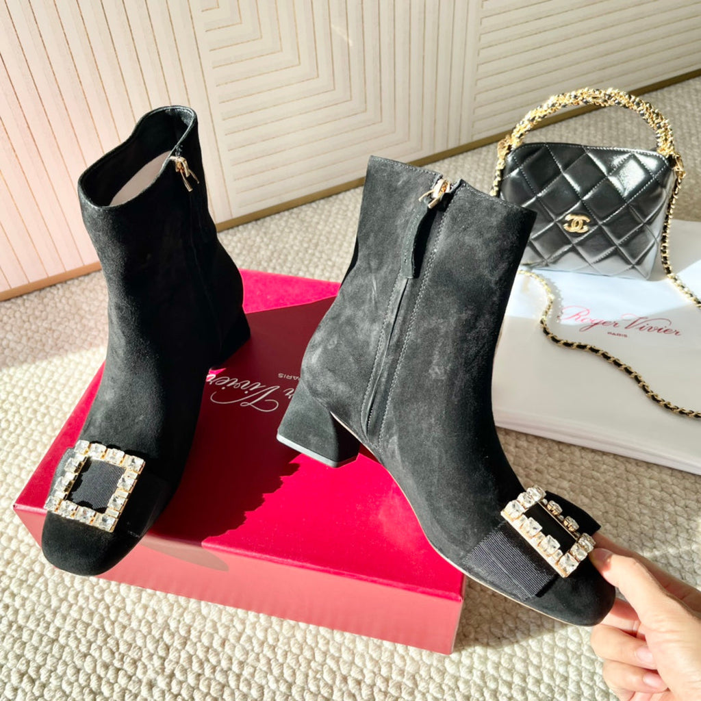 BELLE VIVIER ANKLE BOOTS IN BLACK SUEDE RHINESTONE BUCKLE