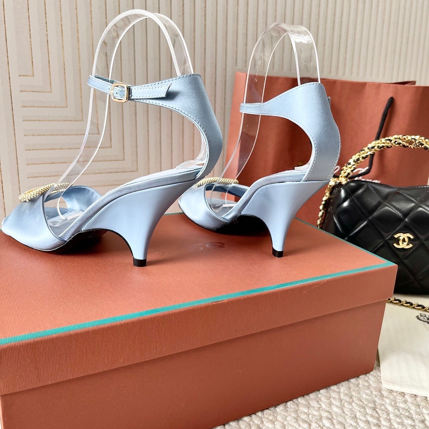 HIGH HEELS SANDALS 80 MM IN PASTEL BLUE SATIN MIX SUEDUE