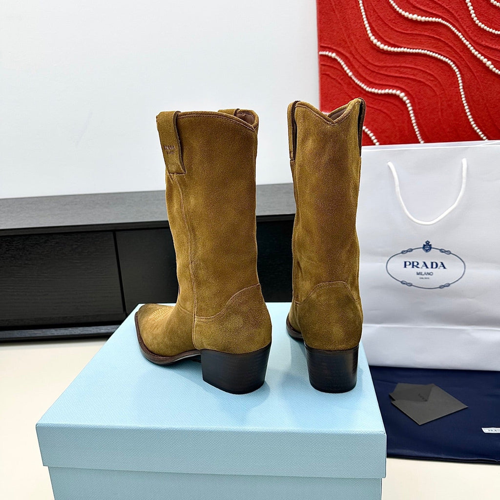 PRADA 25S POINTED-TOE LOW-CUT BOOTS IN CARAMEL BROWN SUEDE