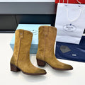 PRADA 25S POINTED-TOE LOW-CUT BOOTS IN CARAMEL BROWN SUEDE