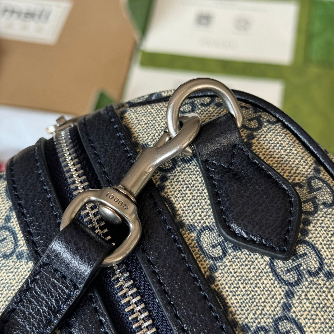 OPHIDIA LARGE BOSTON BAG 31 IN BEIGE AND BLUE GG CALFSKIN