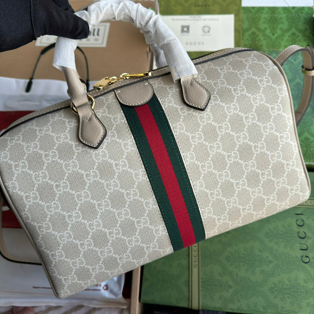 OPHIDIA MEDIUM TOP HANDLE BAG 31 IN BEIGE WHITE CANVAS AND OAT CALFSKIN TRIM GOLD HARDWARE