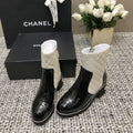 ROUND-TOE SHORT BOOTS BLACK MIX WHITE SHEEPSKIN