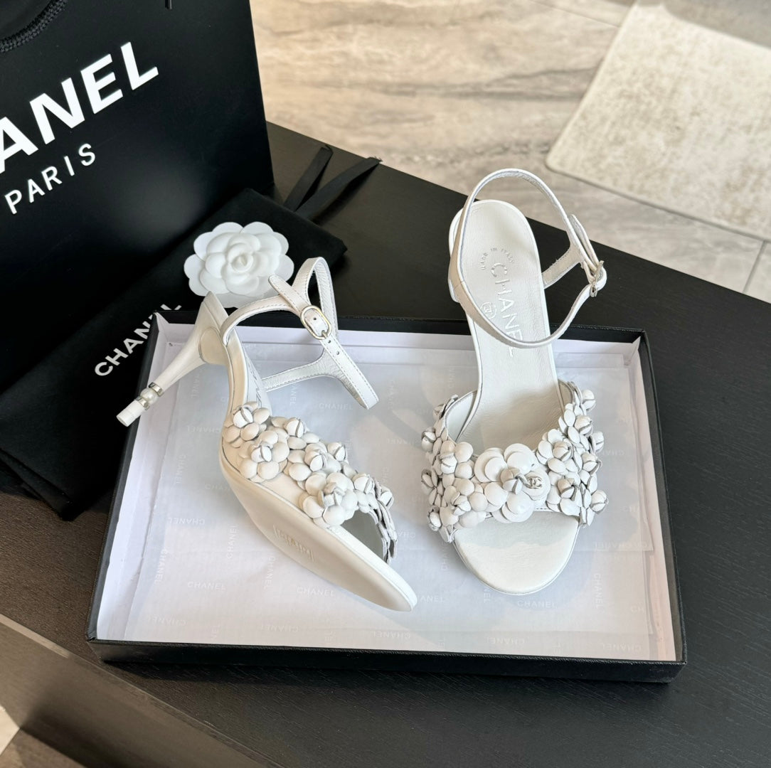 CC Little Camellia World Thin High Sandals White Lambskin