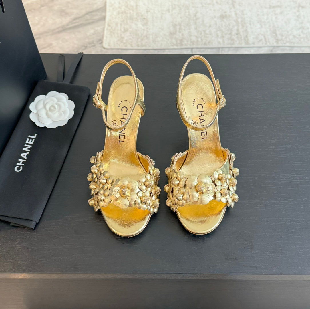 CC Little Camellia World Thin High Sandals Gold Lambskin