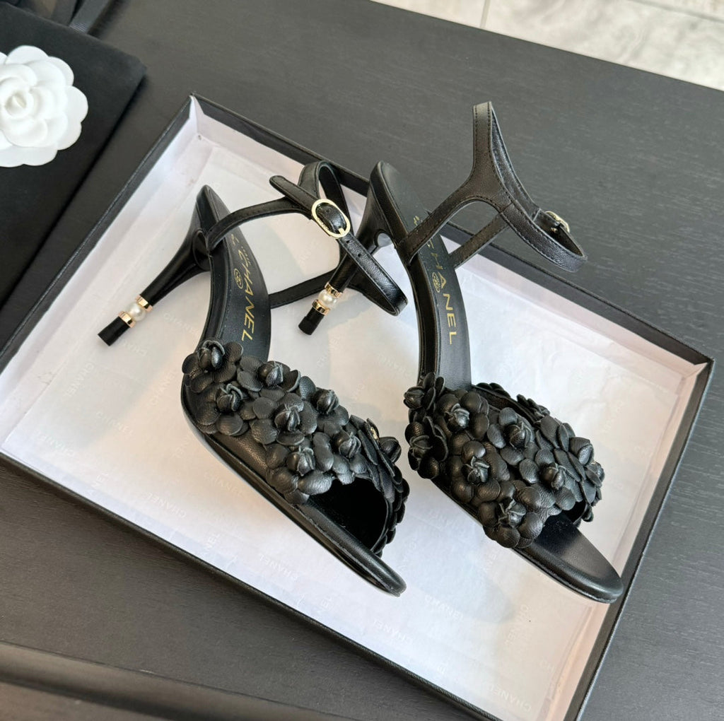 CC Little Camellia World Thin High Sandals Black Lambskin