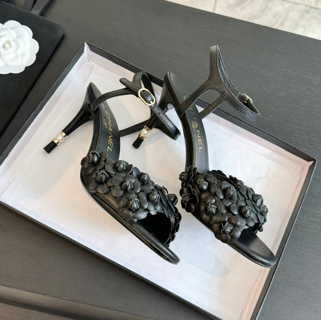 CC Little Camellia World Thin High Sandals Black Lambskin