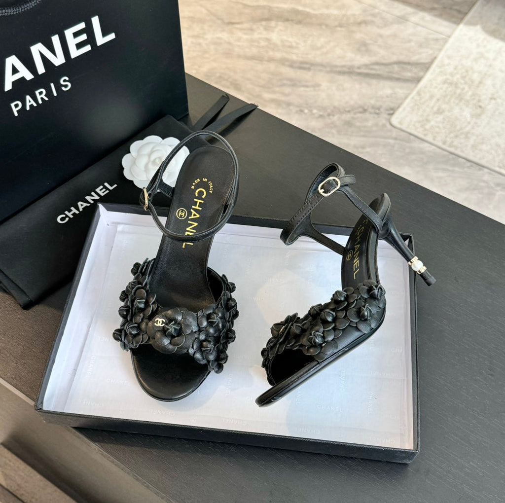 CC Little Camellia World Thin High Sandals Black Lambskin