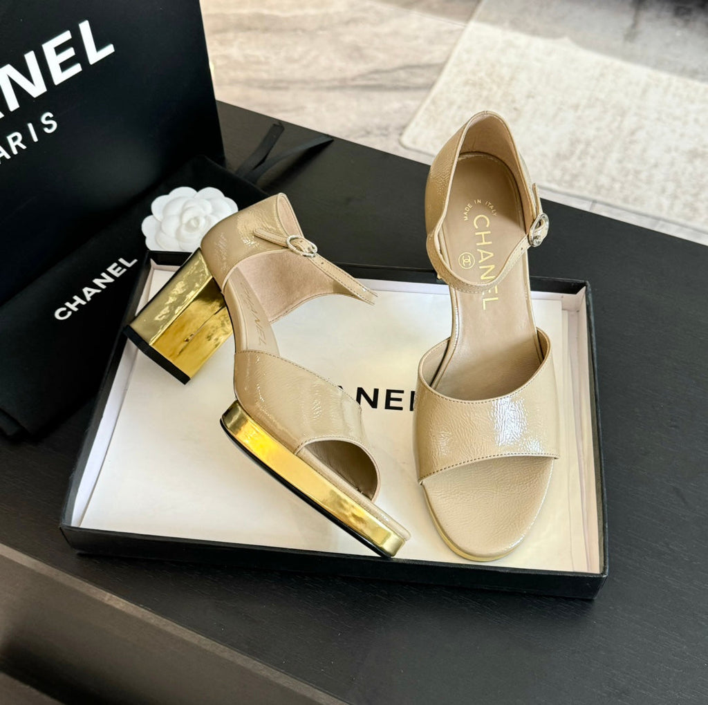 Platform Peep-Toe Sandals Beige Cream Lambskin