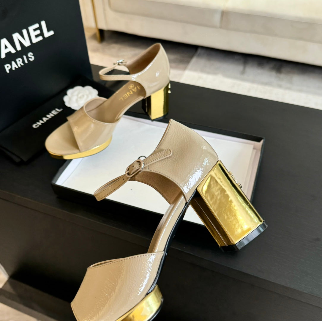 Platform Peep-Toe Sandals Beige Cream Lambskin