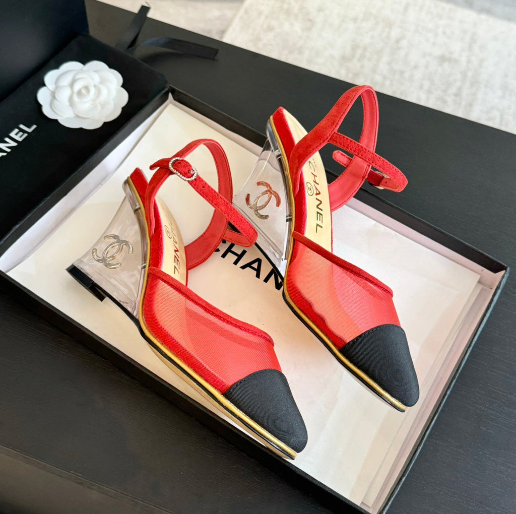 Waterproof Platform High Heels Transparent Heel Mesh Candy Red Black