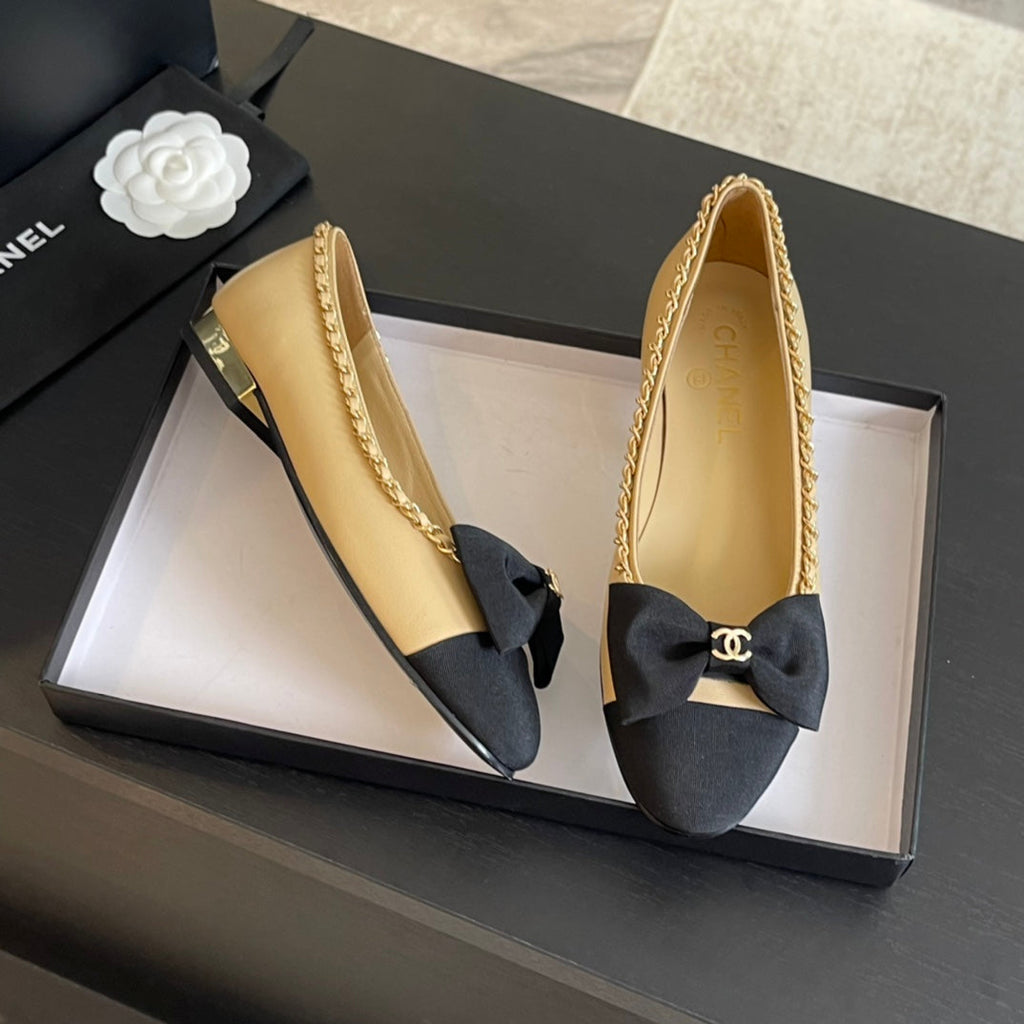 BALLET FLAT BEIGE CREAM CALFSKIN AND FABRIC