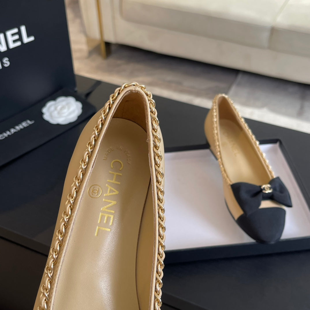 BALLET FLAT BEIGE CREAM CALFSKIN AND FABRIC