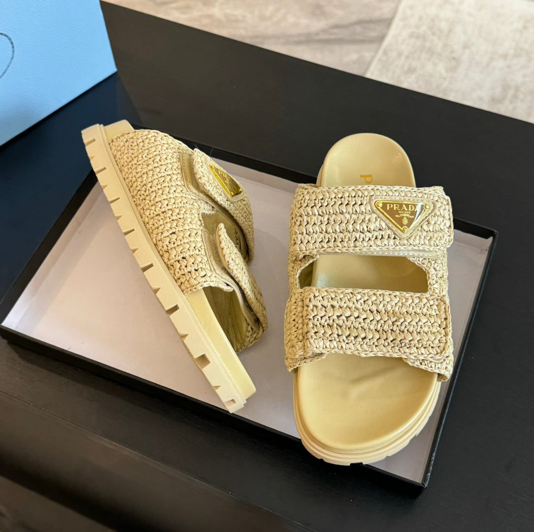 PRA RAFFIA CORK SLIDE PASTEL YELLOW CALFSKIN