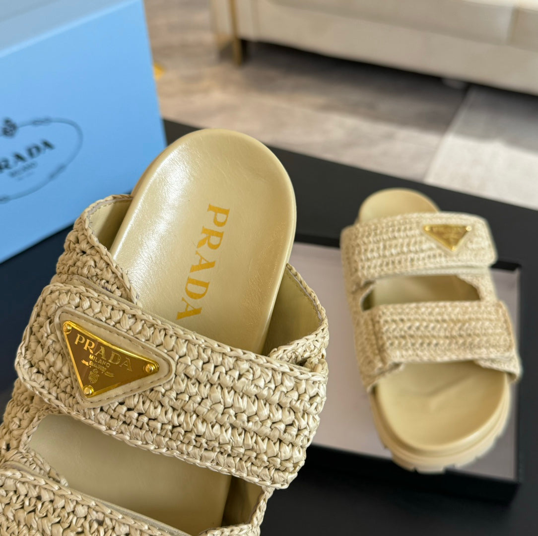 PRA RAFFIA CORK SLIDE PASTEL YELLOW CALFSKIN