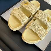 PRA RAFFIA CORK SLIDE PASTEL YELLOW CALFSKIN