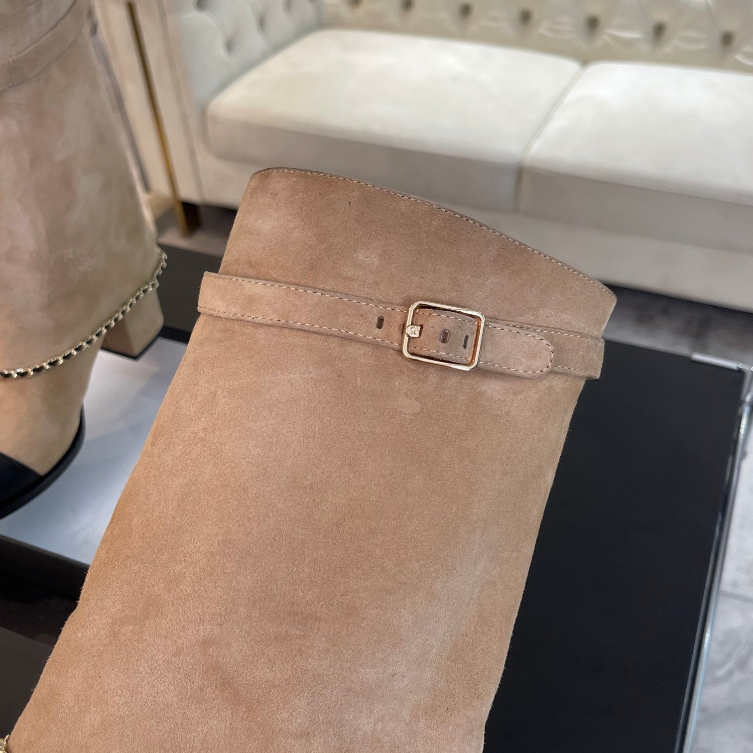 SHORT BOOTS 6.5 CM IN CIDER BROWN SUEDE AND BLACK CALFSKIN