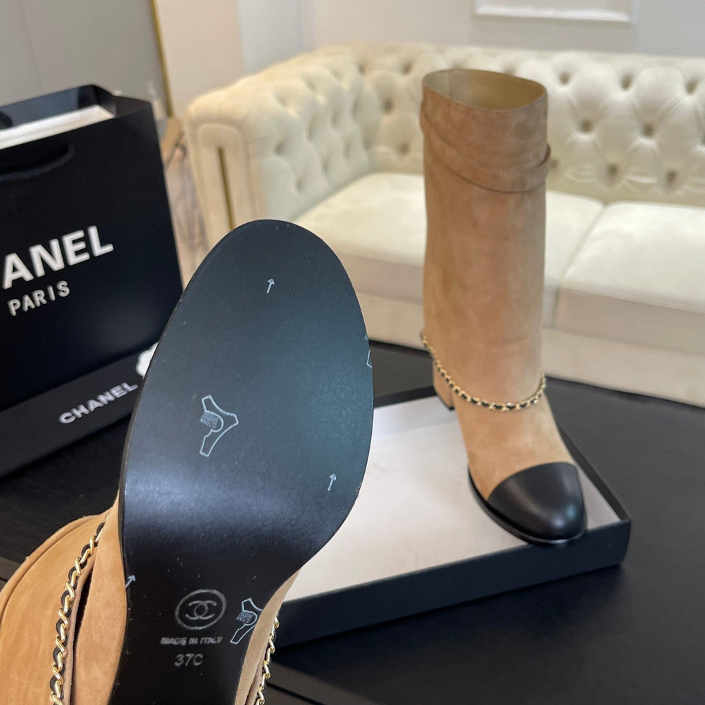 SHORT BOOTS 6.5 CM IN CIDER BROWN SUEDE AND BLACK CALFSKIN