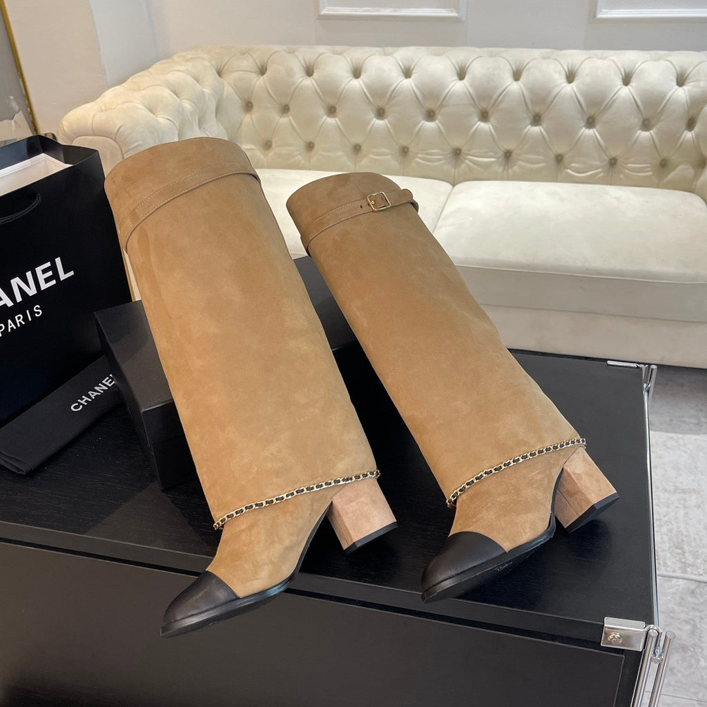 HIGH BOOTS 6.5 CM IN CIDER BROWN SUEDE AND BLACK CALFSKIN