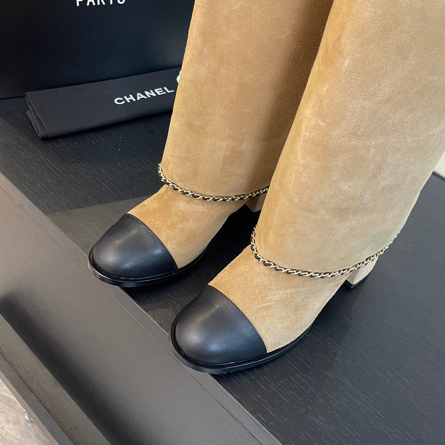 HIGH BOOTS 6.5 CM IN CIDER BROWN SUEDE AND BLACK CALFSKIN