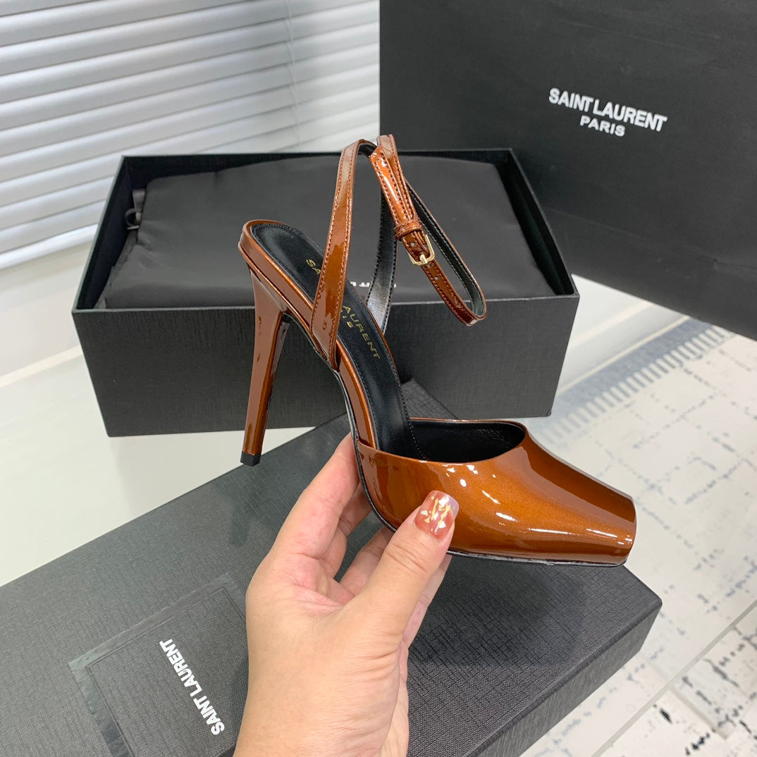 SL FISH MOUTH SANDAL PUMP OCHRE POLISHED CALFSKIN