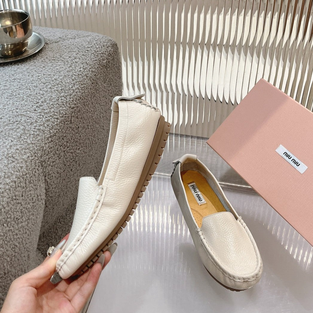 SLIP-ON HAND-SEWN SHOES WHITE CREAM COWHIDE