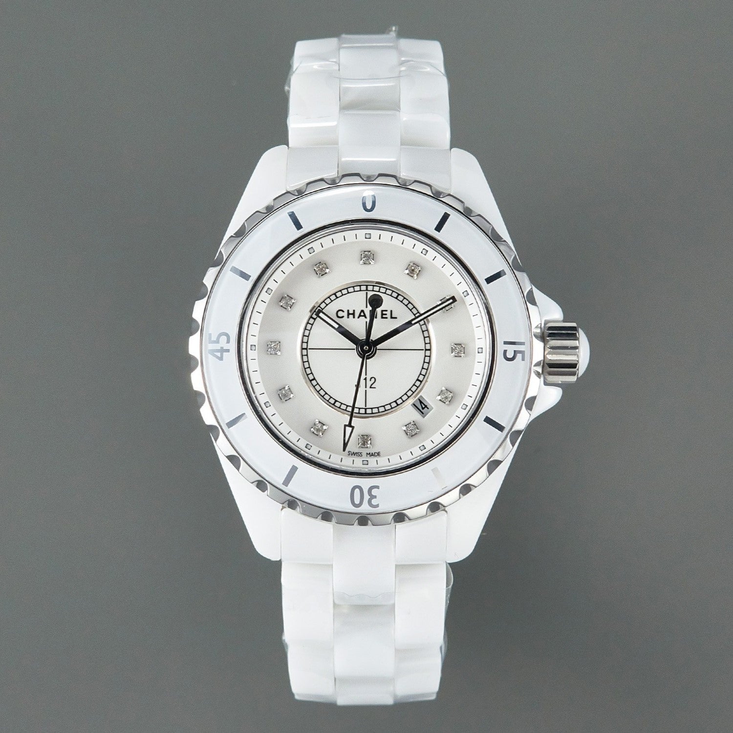 J12 Date Quartz White Ceramic Diamond Numerals White Dial