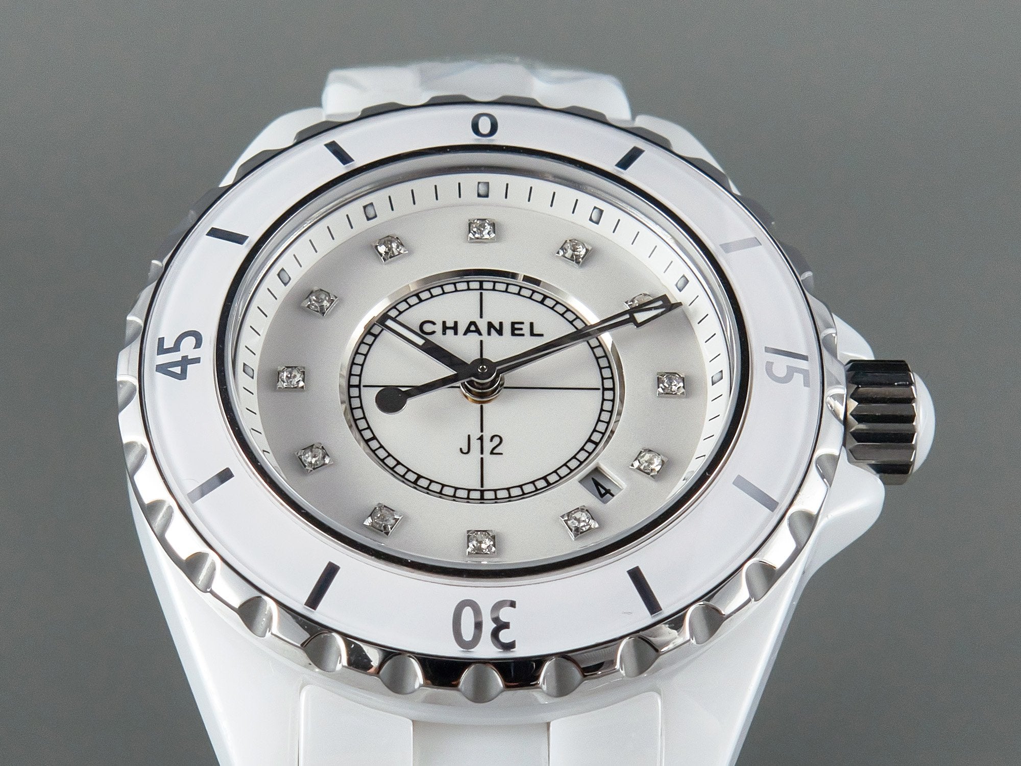 J12 Date Quartz White Ceramic Diamond Numerals White Dial