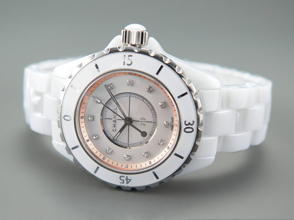 J12 33mm Quartz White Ceramic Diamond Numerals Pink Mop Dial