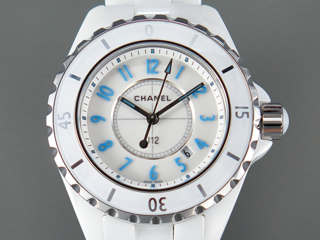 J12 Date Quartz White Ceramic Blue Numerals White Dial