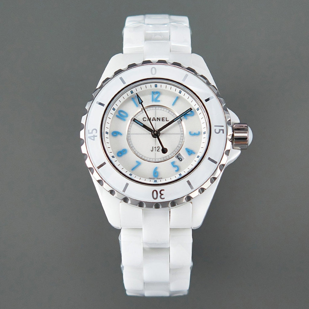 J12 Date Quartz White Ceramic Blue Numerals White Dial