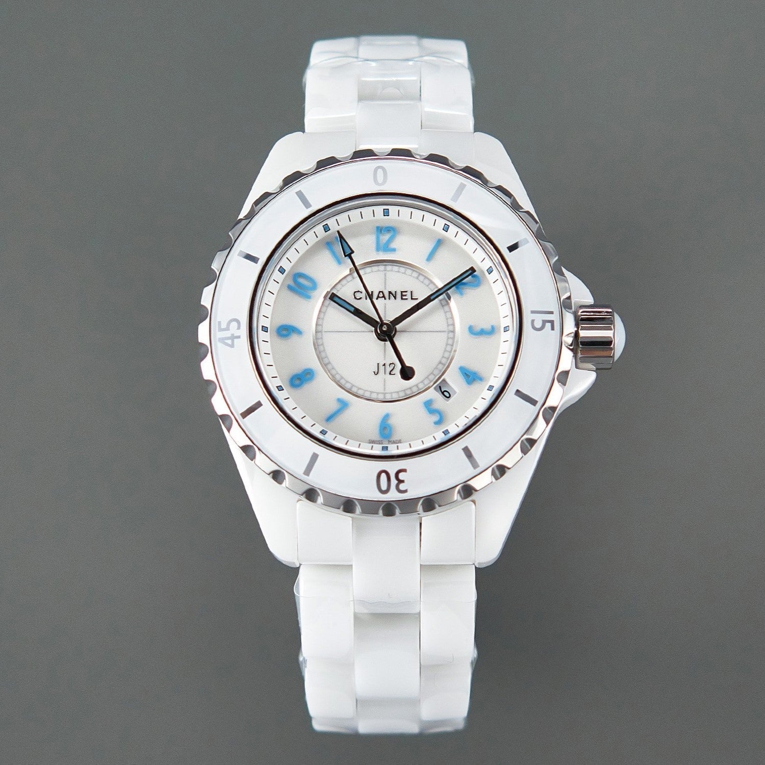J12 Date Quartz White Ceramic Blue Numerals White Dial