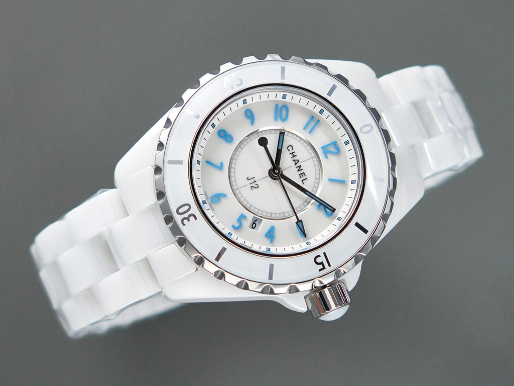 J12 Date Quartz White Ceramic Blue Numerals White Dial