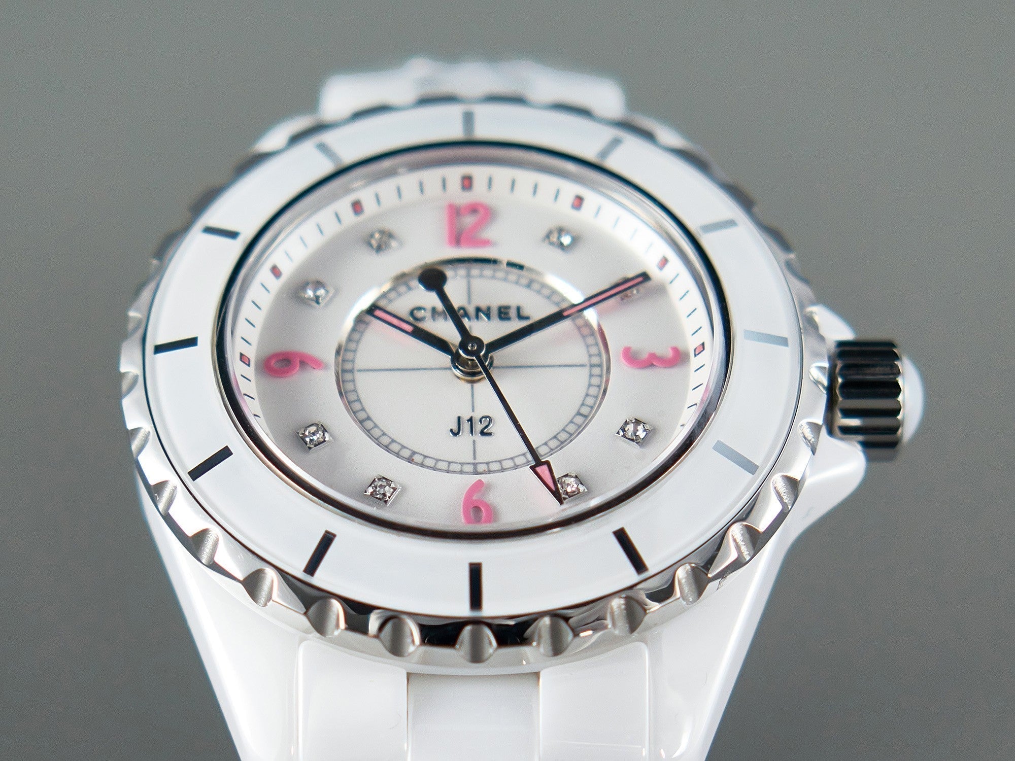 J12 Quartz White Ceramic Pink Diamond Numerals White Dial