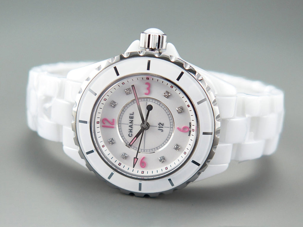 J12 Quartz White Ceramic Pink Diamond Numerals White Dial