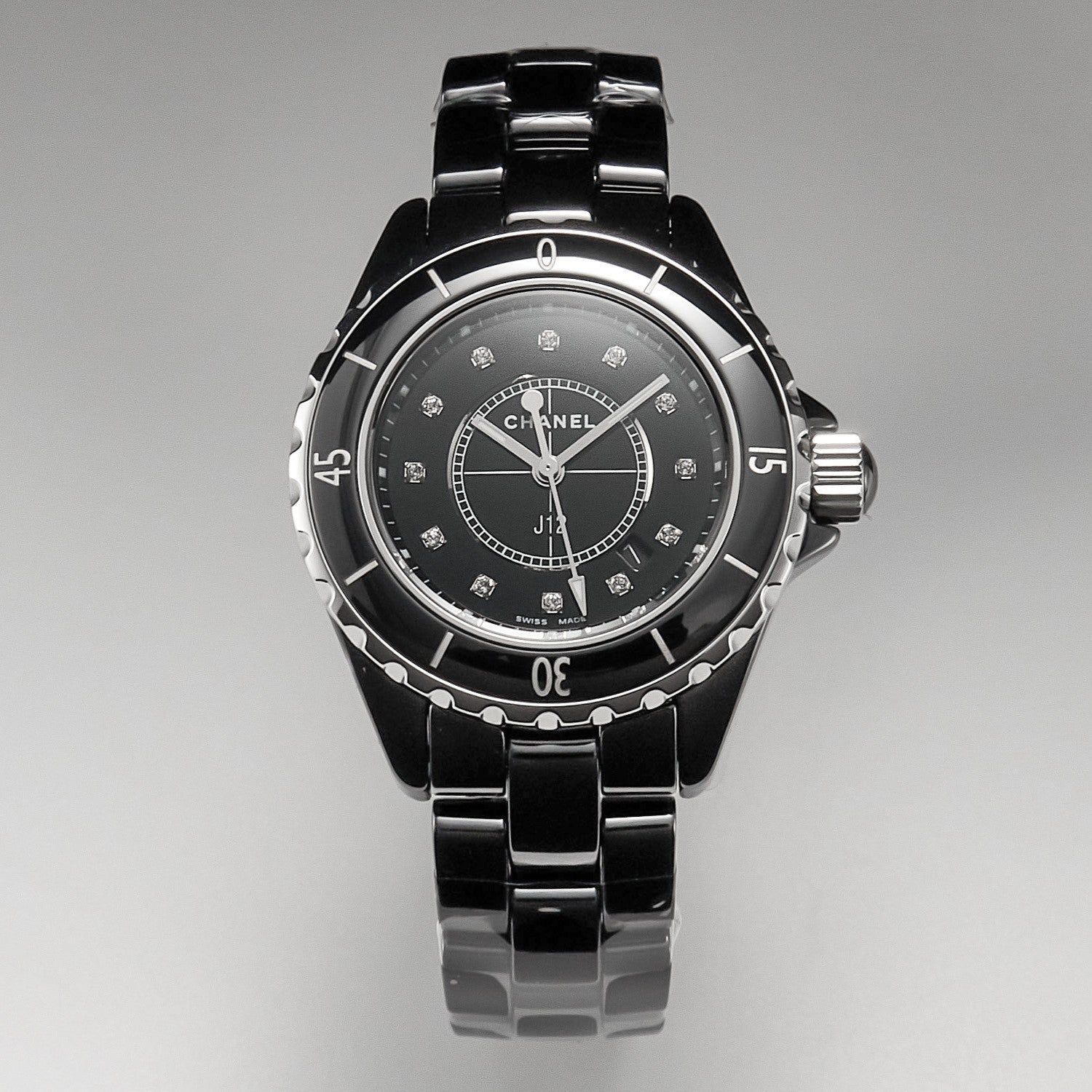 J12 Date Quartz Black Ceramic Diamond Numerals Black Dial