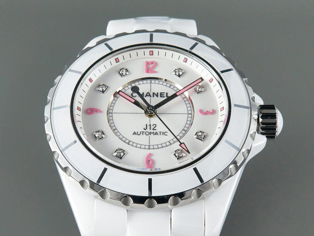 J12 Automatic White Ceramic Pink Diamond Numerals White Dial