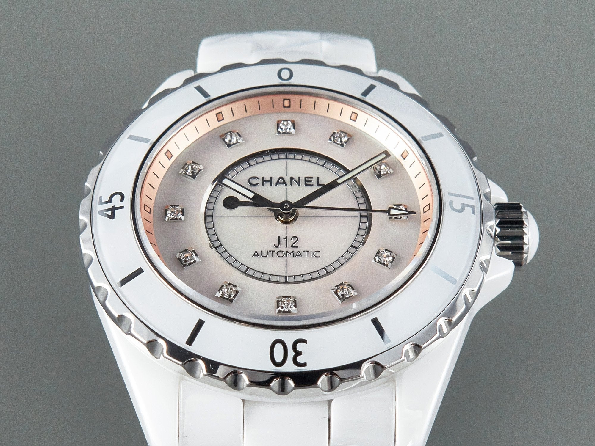 J12 Automatic White Ceramic Diamond Numerals Pink Mop Dial