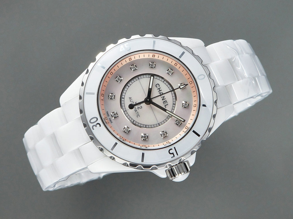 J12 Automatic White Ceramic Diamond Numerals Pink Mop Dial