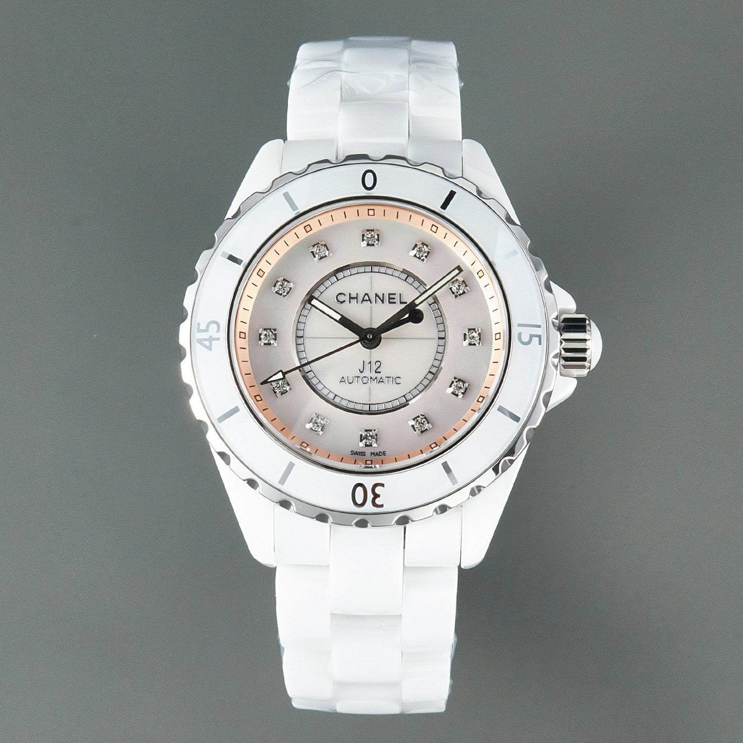 J12 Automatic White Ceramic Diamond Numerals Pink Mop Dial