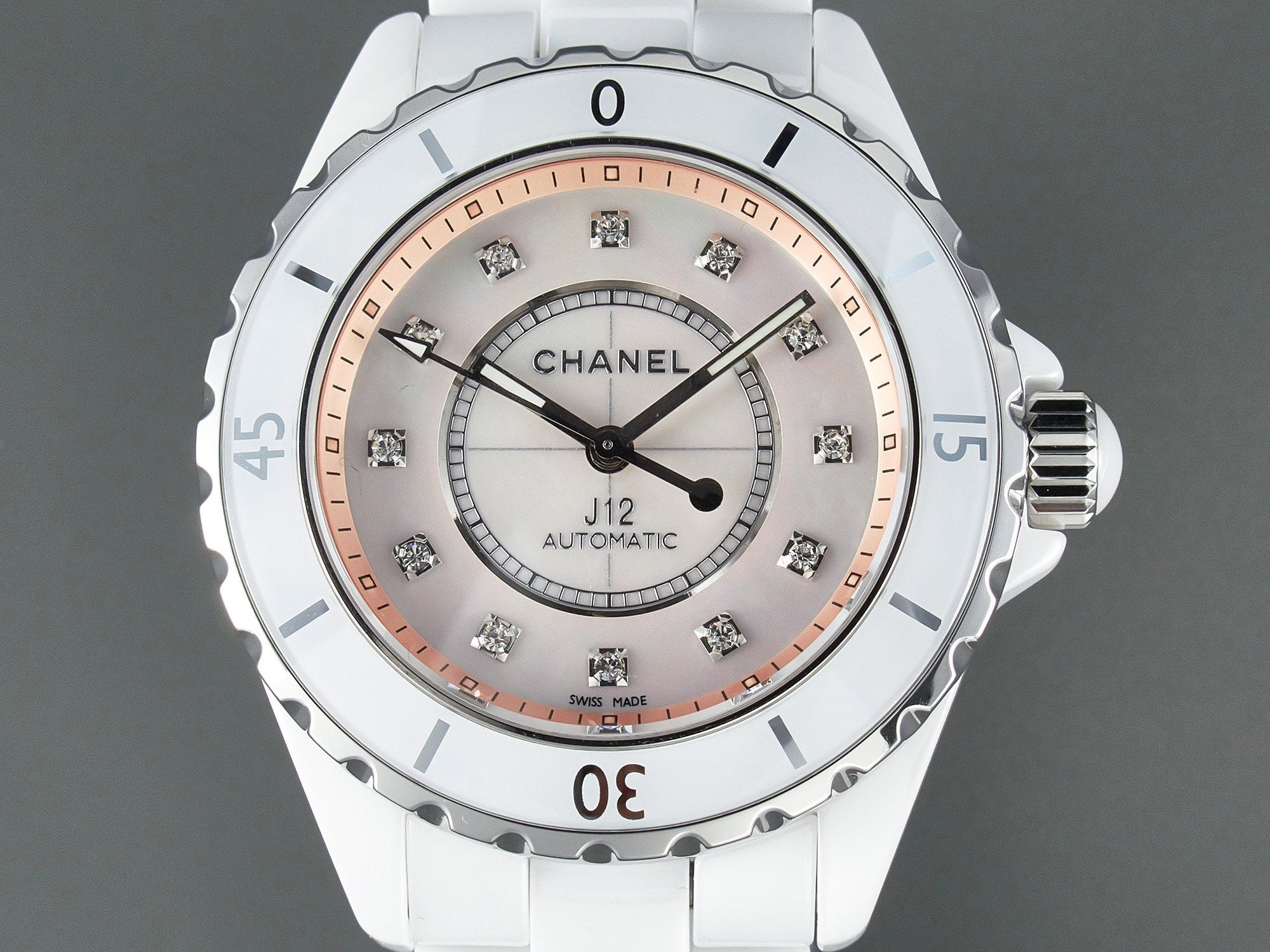 J12 Automatic White Ceramic Diamond Numerals Pink Mop Dial