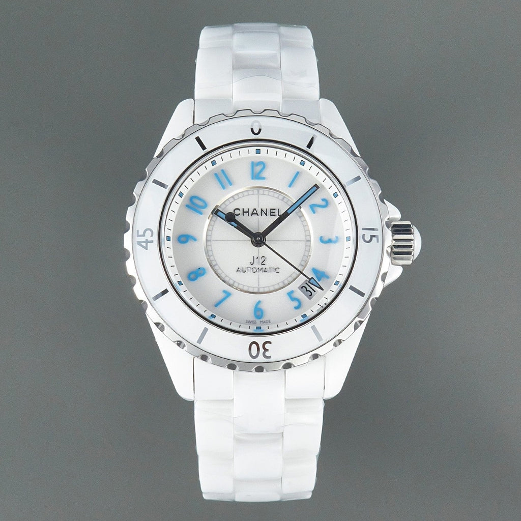 J12 Date Automatic White Ceramic Blue Numerals White Dial
