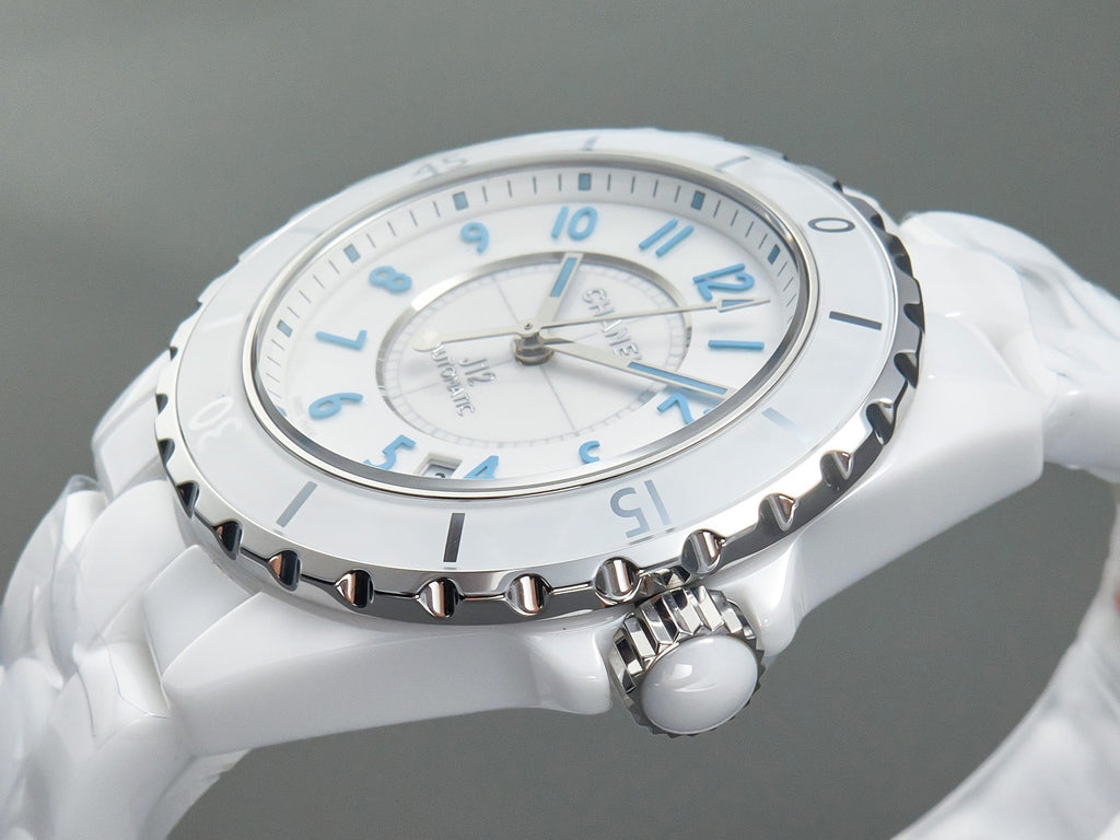 J12 Date Automatic White Ceramic Blue Numerals White Dial