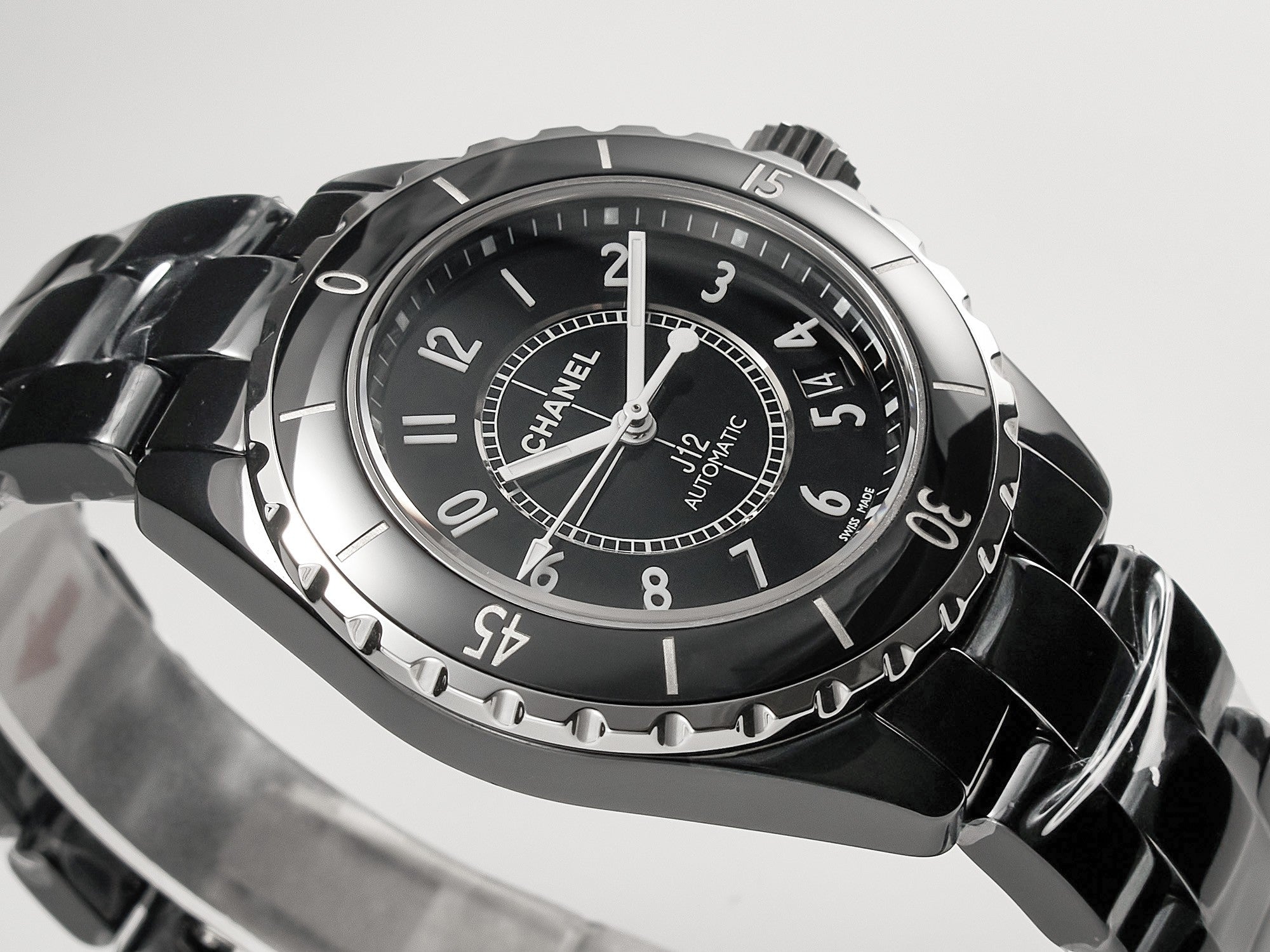 J12 Date Automatic Black Ceramic White Numerals Black Dial White Steel Hands