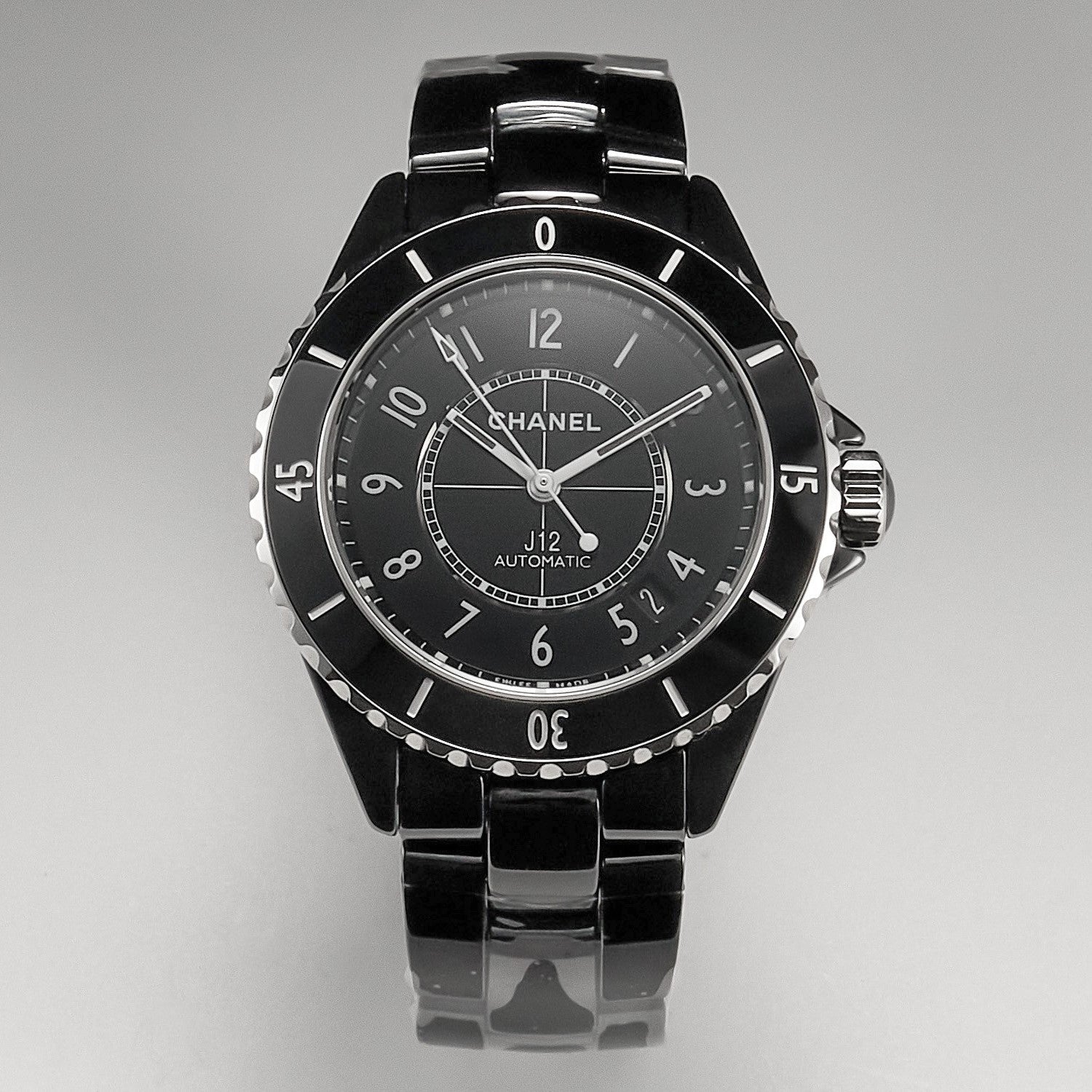 J12 Date Automatic Black Ceramic White Numerals Black Dial Black Steel Hands