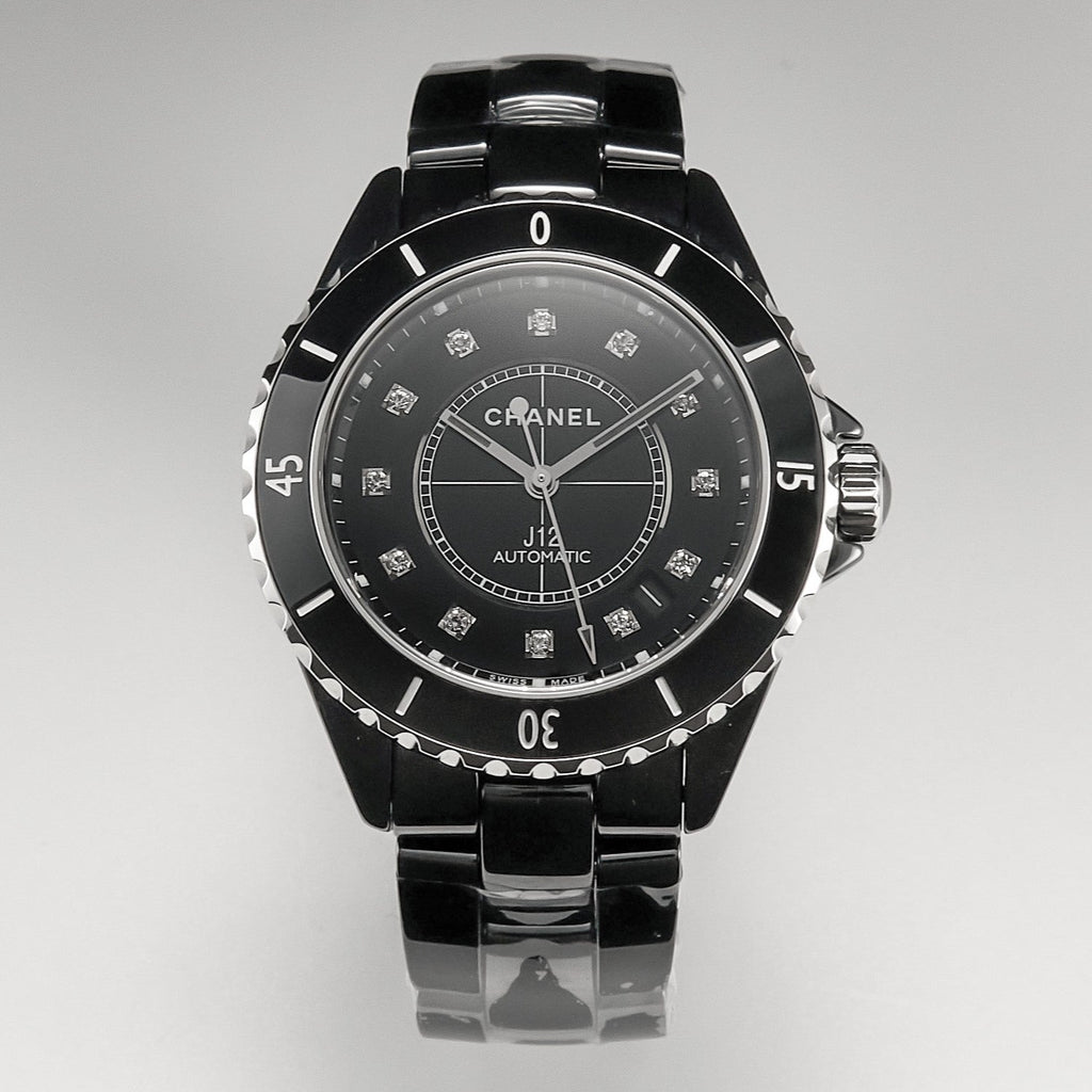 J12 Date Automatic Black Ceramic Diamond Numerals Black Dial Black Steel Hands