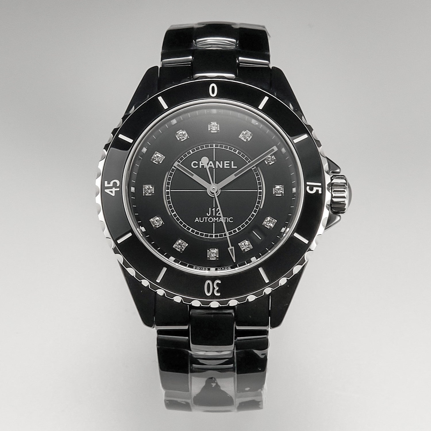 J12 Date Automatic Black Ceramic Diamond Numerals Black Dial Black Steel Hands