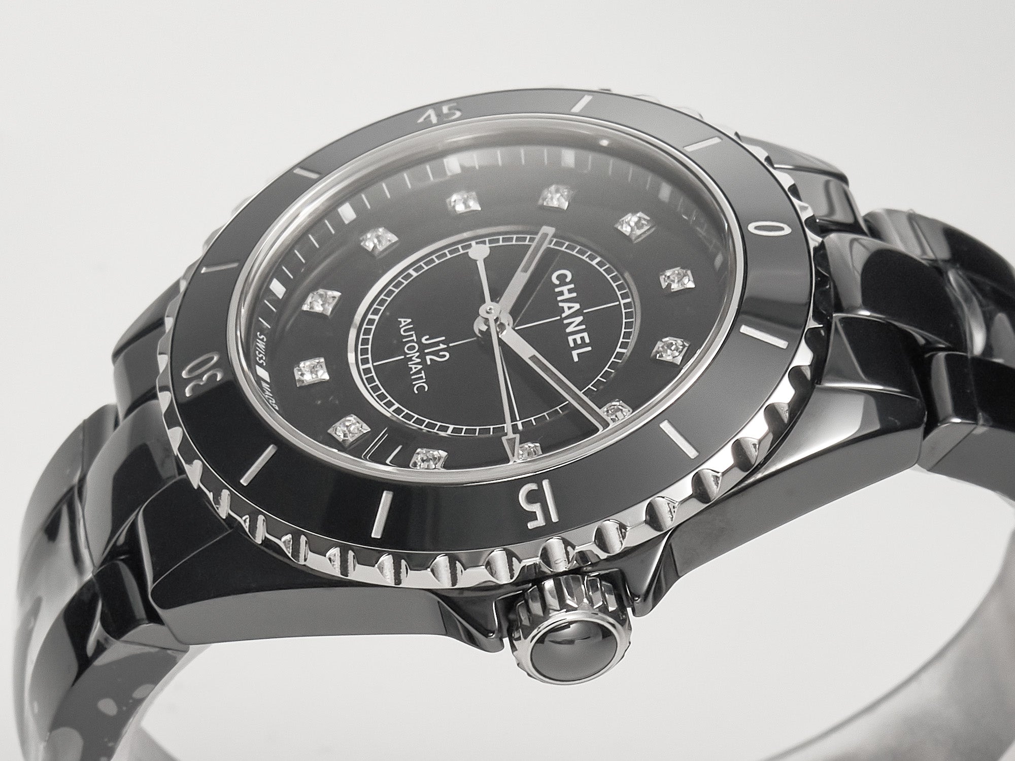 J12 Date Automatic Black Ceramic Diamond Numerals Black Dial Black Steel Hands