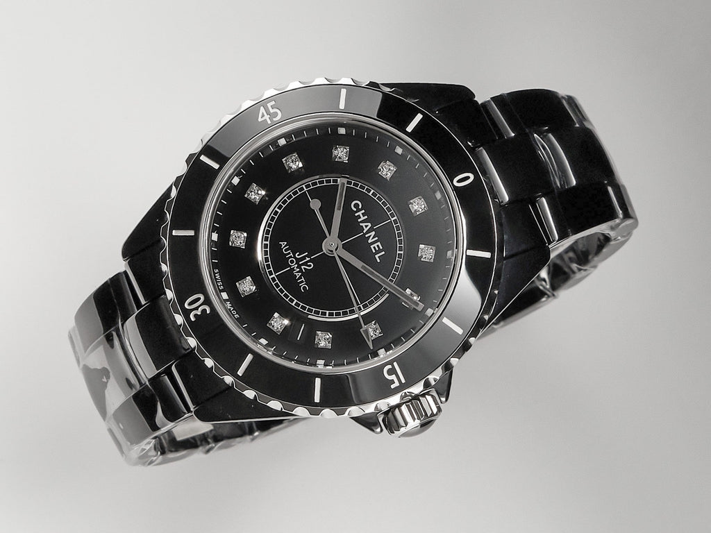 J12 Date Automatic Black Ceramic Diamond Numerals Black Dial Black Steel Hands