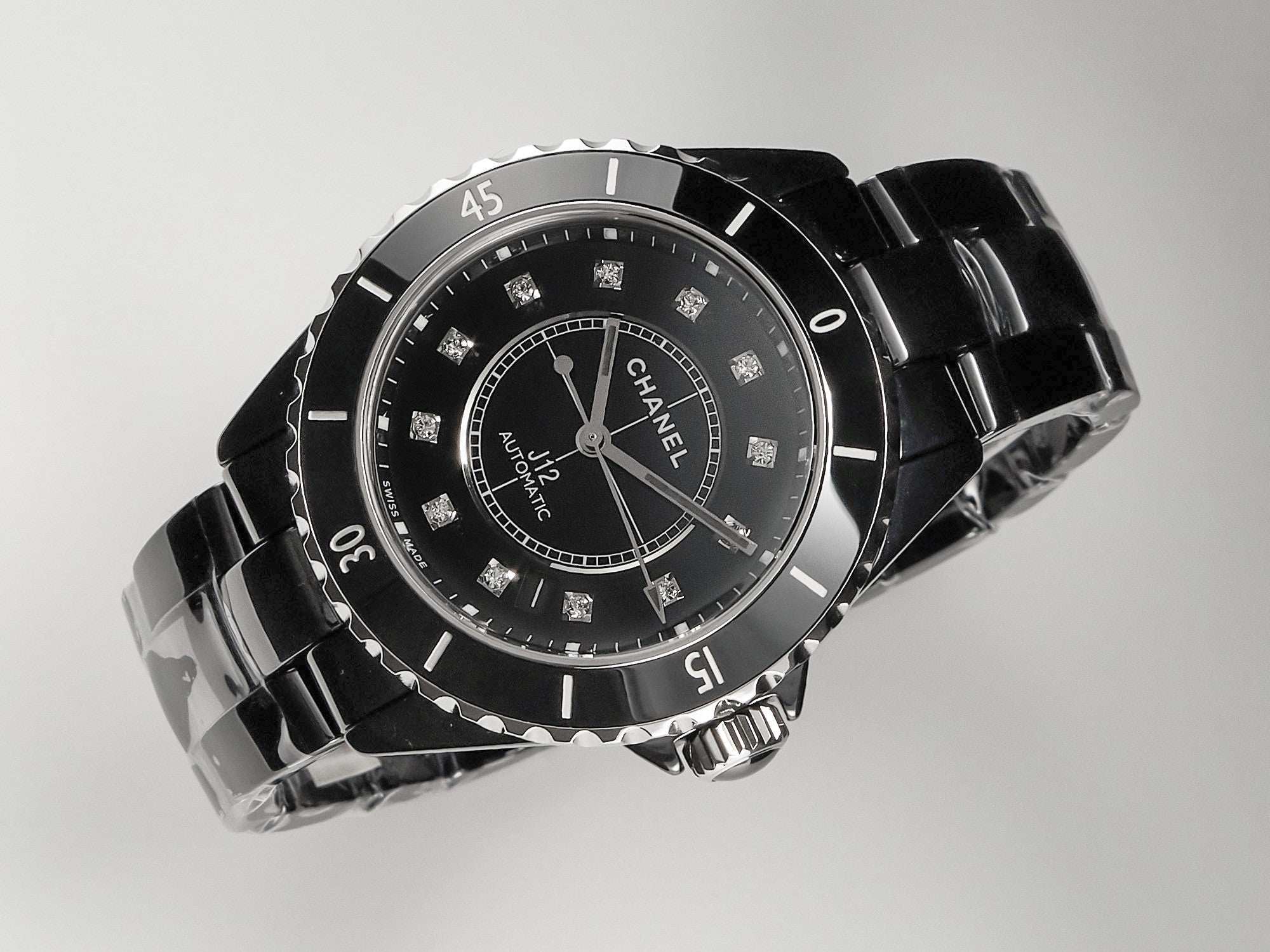 J12 Date Automatic Black Ceramic Diamond Numerals Black Dial Black Steel Hands